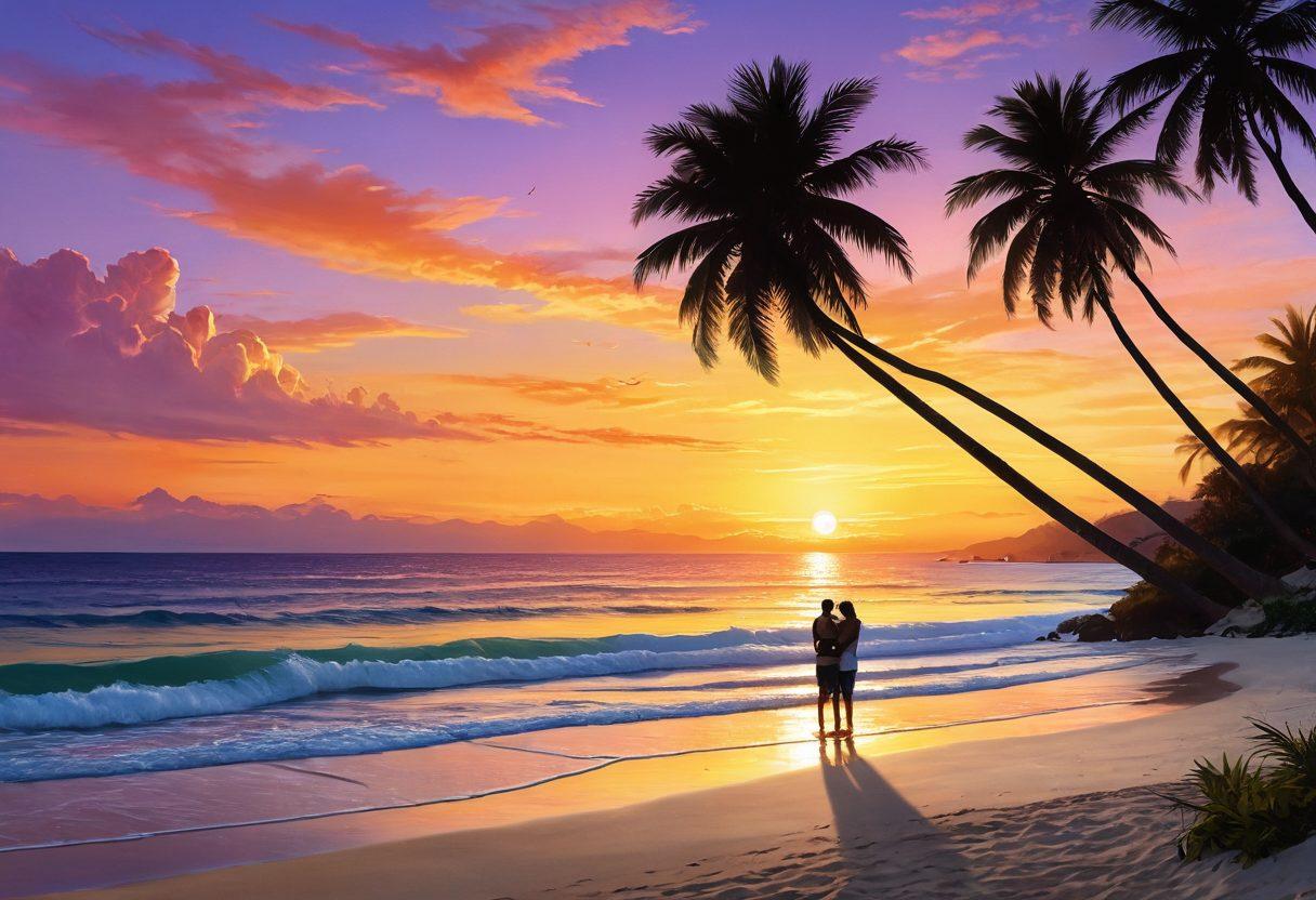 A serene landscape featuring a sunset over a tranquil beach, where young couples are joyfully connecting, laughing, and sharing intimate moments. The scene captures the essence of youthful desire with soft waves and glowing colors, radiating warmth and intimacy. Include elements like palm trees and gentle breezes to enhance the romantic atmosphere. super-realistic. vibrant colors. serene mood.