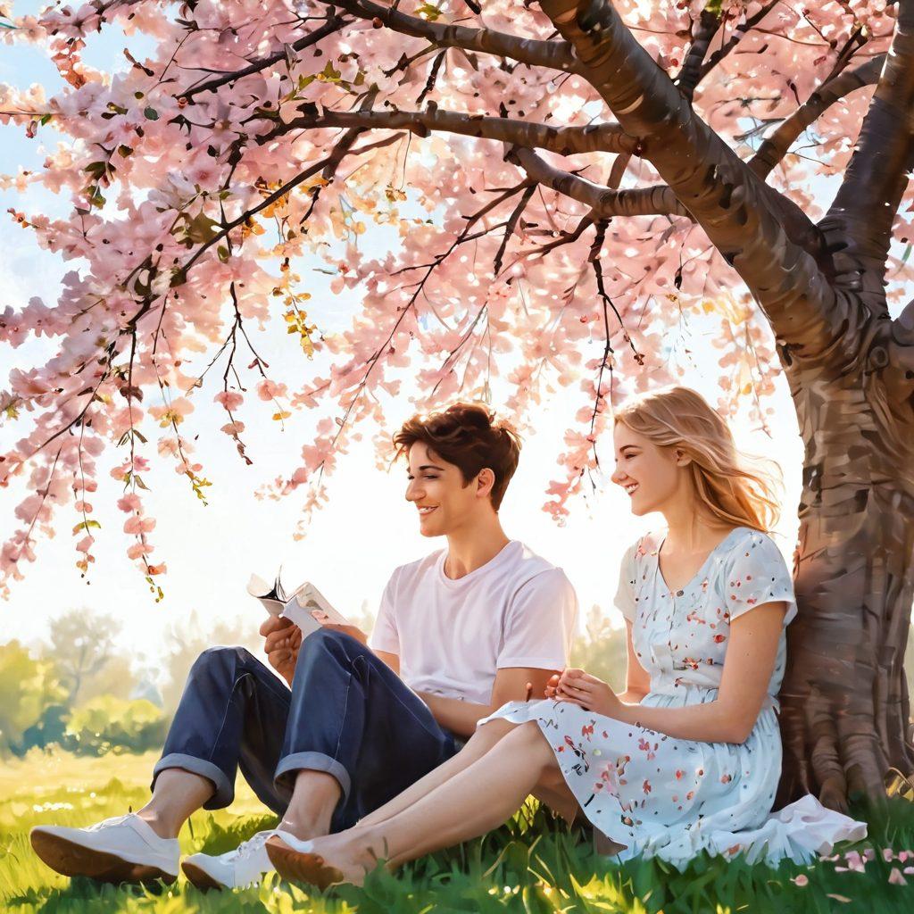 A whimsical illustration of two young people sitting beneath a blossoming cherry tree, sharing laughter and secrets, with bright sunlight filtering through the leaves. The scene is filled with soft pastel colors, capturing a sense of innocence and joy, while a gentle breeze scatters petals around them, symbolizing youthful exploration and intimacy. Ideal for a blog about pleasant moments of youth. vibrant colors. soft focus. painting.