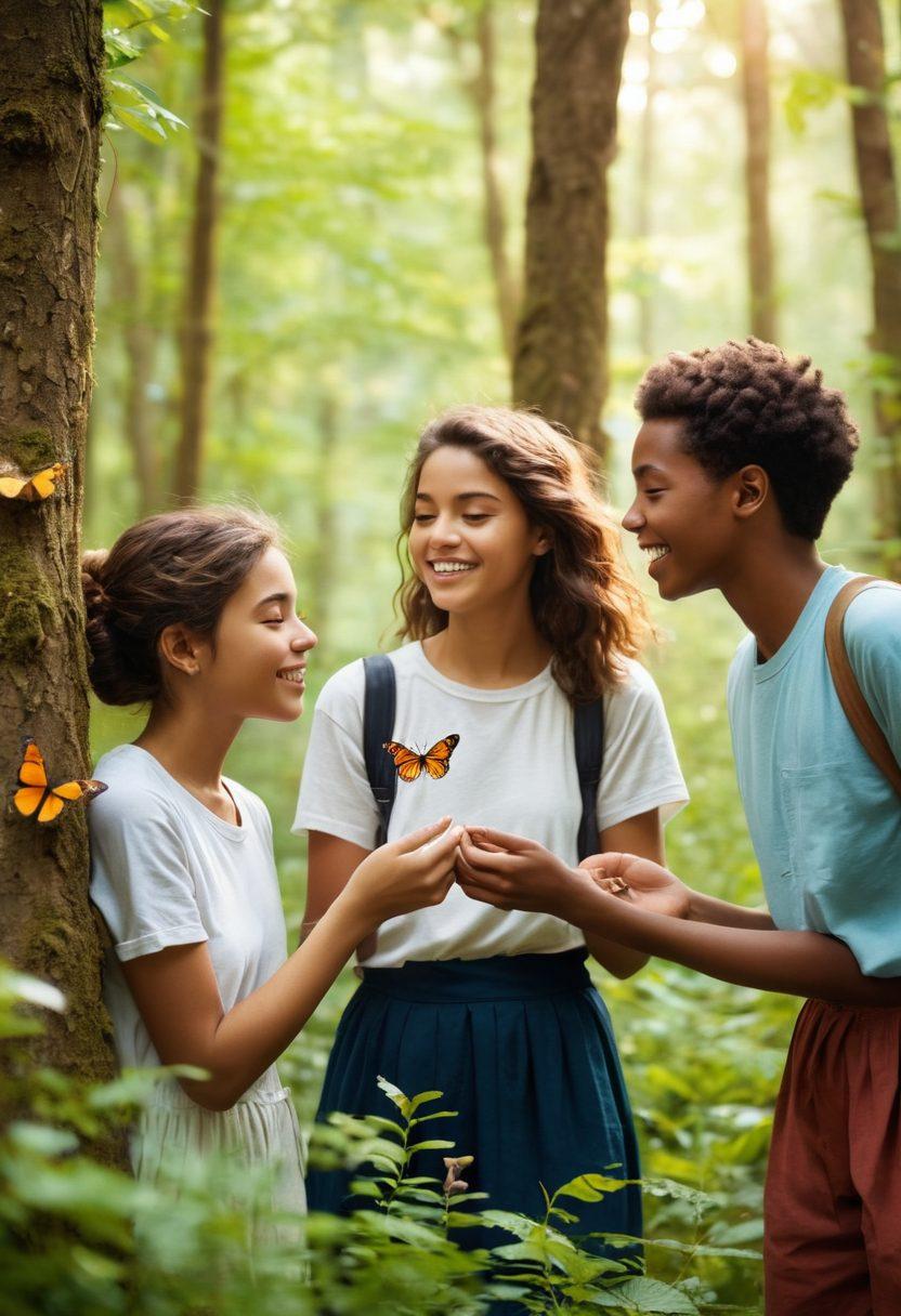 A captivating scene of a group of diverse teenagers exploring a serene forest, intertwined with hints of natural sensuality—soft sunlight filtering through lush trees, gentle smiles, and playful interactions. Include symbolic elements like colorful butterflies and blooming flowers to represent growth and discovery. The atmosphere should evoke curiosity and warmth, inviting viewers to embark on their own journeys of self-exploration. vibrant colors. soft focus. romantic realism.